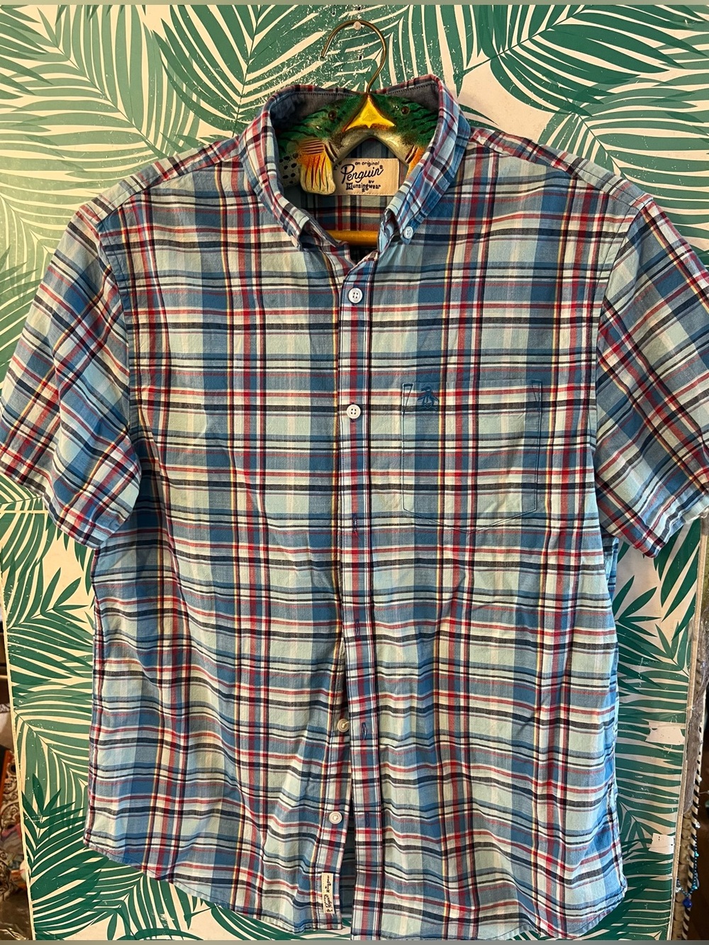 Original Penguin Blue and Red Plaid Short-Sleeve Button-Down Shirt sz M